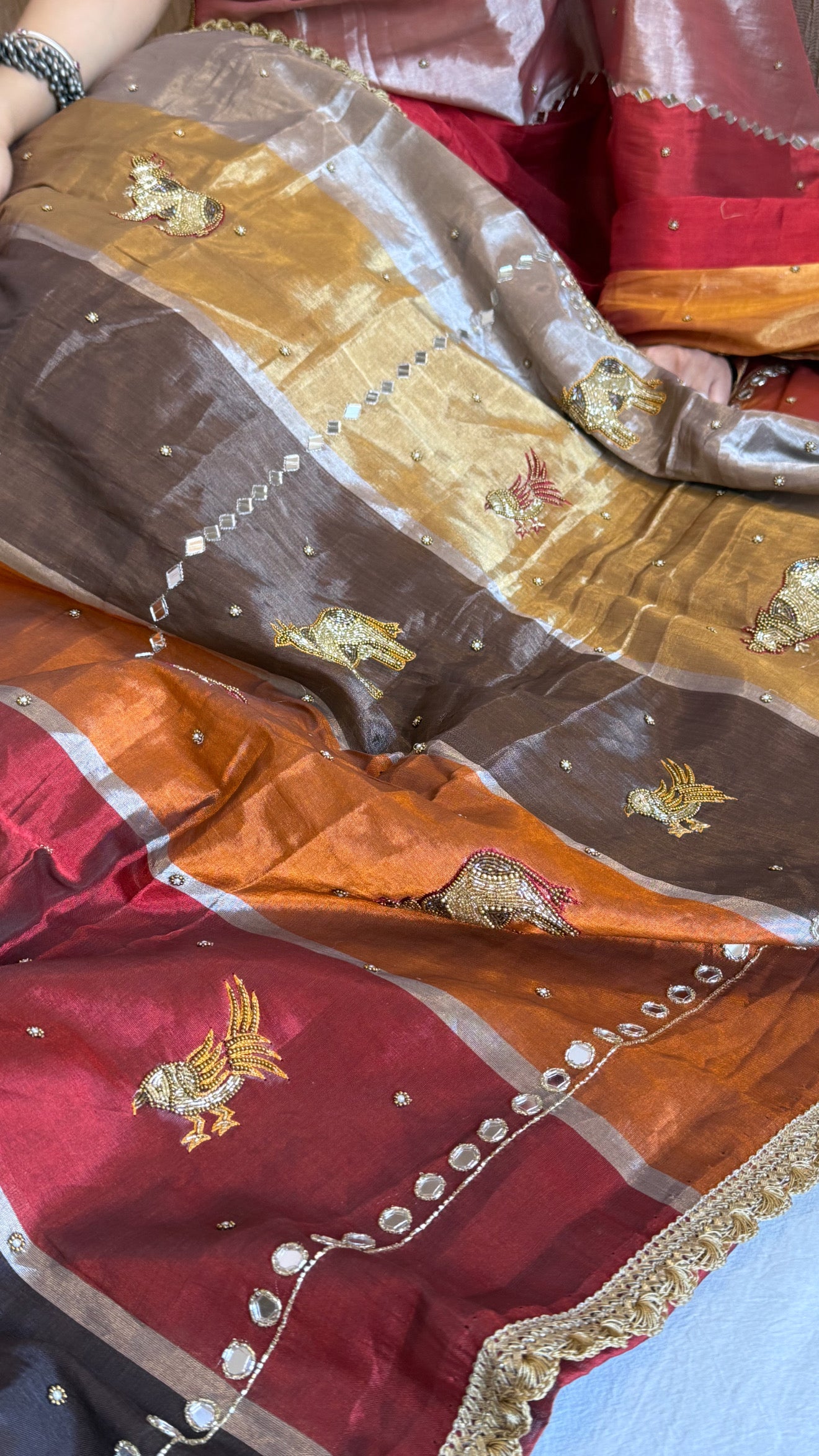 Satin tissue silk multicoloured weaving hand embroidered kadhwa banarasi saree